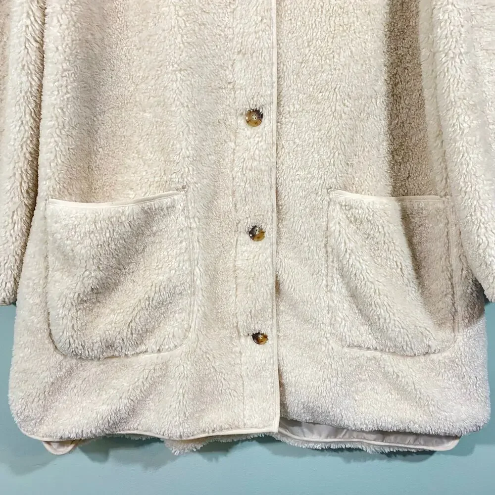LOFT Women's Cream Button Up Sherpa Funnel Neck Jacket Size XL